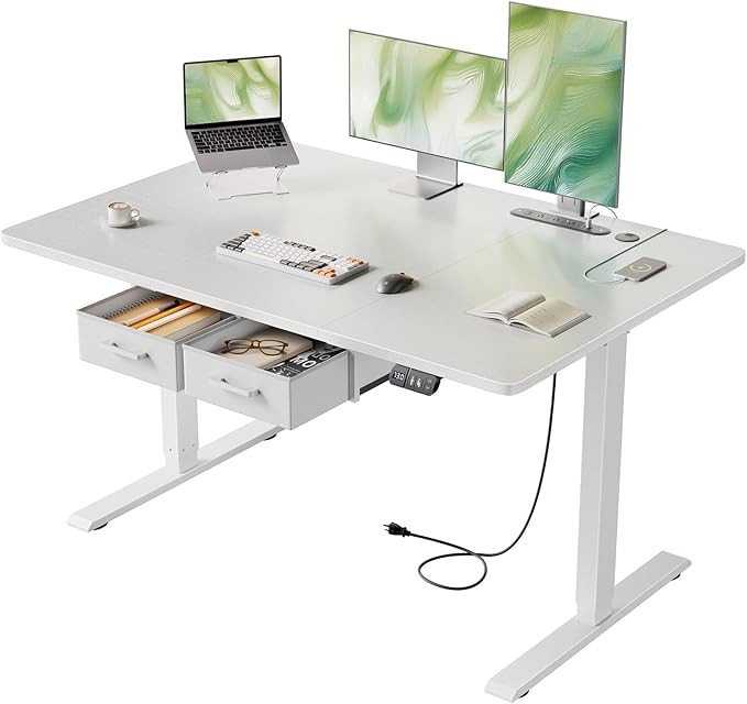 HLDIRECT Electric Standing Desk, 47 x 31.5 Inches Height Adjustable Table with Outlets, Sit Stand Computer Desk with Drawers for Home Office, Ergonomic Rising Workstation, White