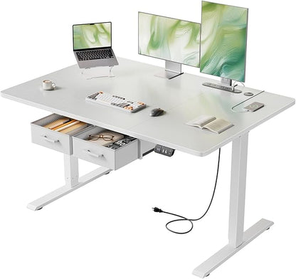 HLDIRECT Electric Standing Desk, 47 x 31.5 Inches Height Adjustable Table with Outlets, Sit Stand Computer Desk with Drawers for Home Office, Ergonomic Rising Workstation, White