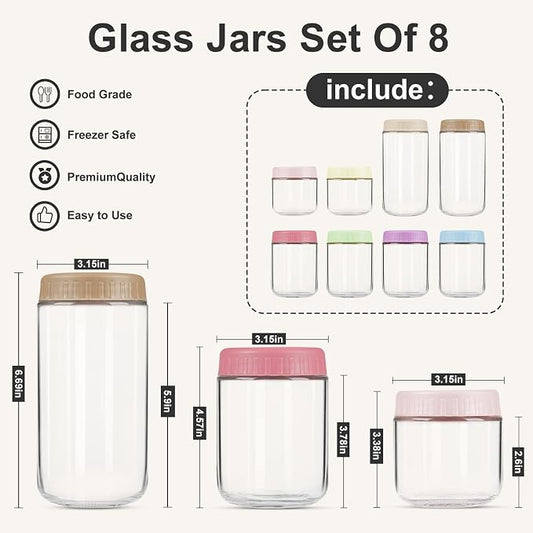 SHOWIN Overnight Oats Containers with Lids, Glass Jars with Lids 8 pcs, Wide Mouth Mason jars for Salad, Yogurt, Snacks, Meal Prep