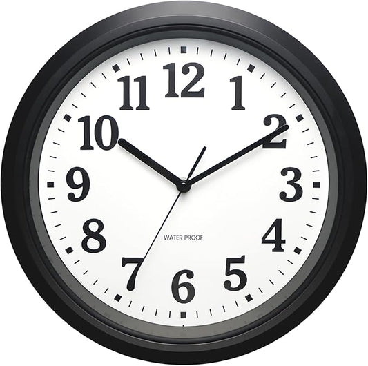 Caysie 12 Inch Sealed Indoor Outdoor Waterproof Wall Clock, Durable Silent Non-Ticking Battery Operated Quality Quartz Round Clock, Wall Decorative for Patio, Pool, Bathroom (Black)