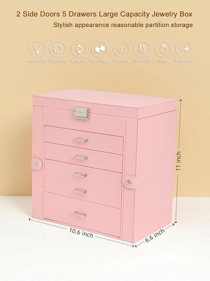 BOOVO Jewelry Box For women, 6 Layer Large Jewelry Organizer With Mirror, Multi-Function Storage Box With Lock, Necklace Holder With 5 Drawers, For Earrings Necklace Bracelet (Silver and Pink)