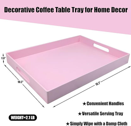 Pink Serving Tray for Coffee Table, Rectangular Plastic Decorative Tray with Handles for Entertaining, Outdoor Patio, Living Room, Ottoman, Bathroom Counter, 11.8”*15.7”*1.6”