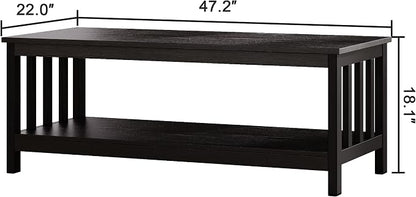 ChooChoo Mission Coffee Table, Black Wood Living Room Table with Shelf, 47 inch
