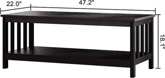 ChooChoo Mission Coffee Table, Black Wood Living Room Table with Shelf, 47 inch