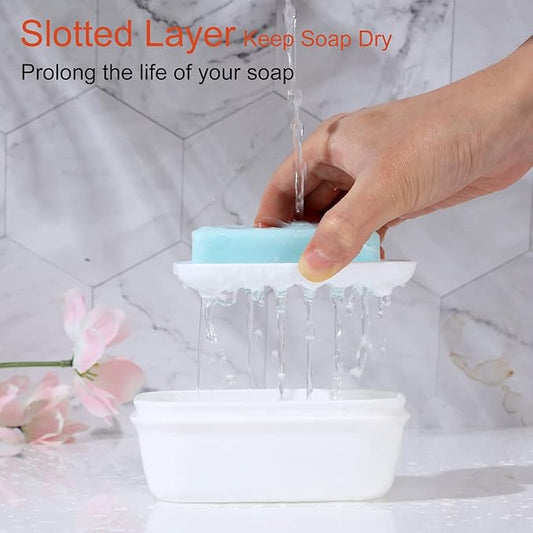 Quatish Leakproof Soap Dish with Lid & Draining Layer, Shatterproof Travel Bar Soap Holder Case Container, Portable Travel Size Toiletries Essentials for Camping, Gym, Bathroom, White