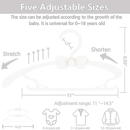 Baby Hangers 50 Pack, 11-14.5" Adjustable Kid Hangers for Newborn Closet, Plastic Non-Slip Small Infant Hanger for Toddler Pant, Child Coat Hanger for Boy Nursery Clothing, Girl Dresses, White