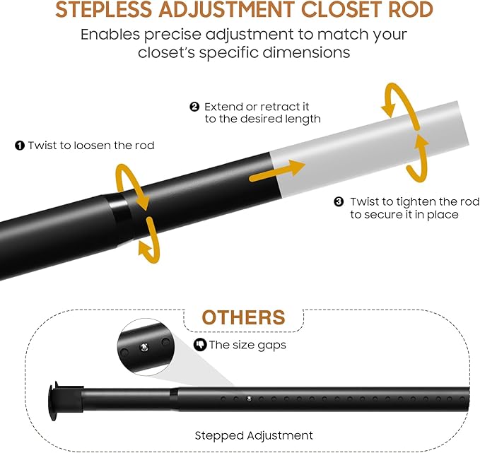 Closet Rods for Hanging Clothes, 16 to 74 Inch Stepless Adjustable Closet Rod, 1.3 Inch Heavy Duty Closet Hanging Rod for Closet Wardrobes Laundry RV
