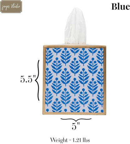 Jaye’s Studio Lottie Decorative Blue Tissue Box Cover Square, Bottomless Enameled Metal Decorative Tissue Holder for Bathroom, Bedroom Vanity, Office, Handpainted Blue and White Floral Bathroom Decor