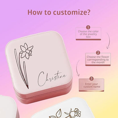 Custom Jewelry Box, Traveling Jewelry Case Leather Mini Jewelry Case with Name & Birth Flower Personalized Mothers Day Gifts, Birthday Gifts, Wedding Gifts for Women Mom Wife Girls