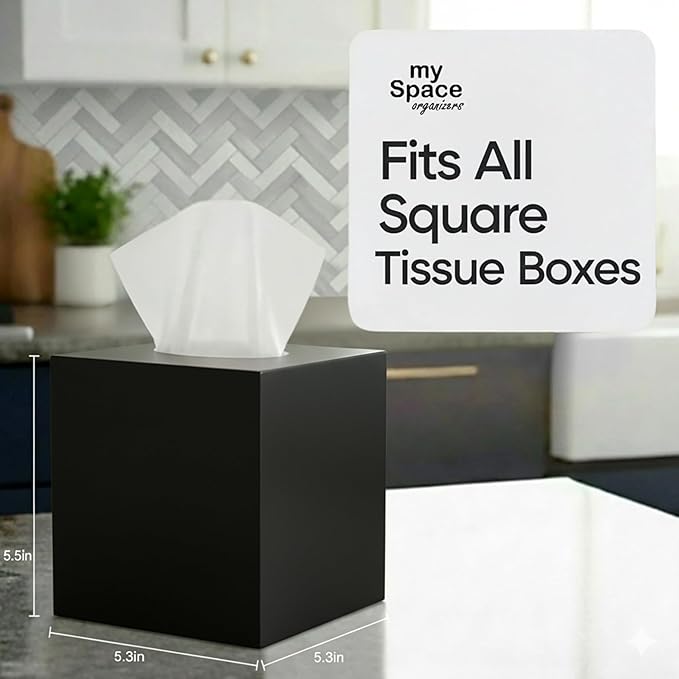 Square Tissue Box Cover | Fits Standard Square Tissue Boxes | Black Tissue Box Holder for Bathroom | Premium Acrylic Tissue Cover | Cube Tissue Holder | 5.3" x 5.3" x 5.5"