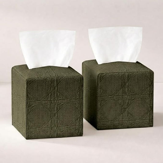 Tissue Box Cover 2-Pack, Square Tissue Holder with Bottom Belt, Modern Tissue Case Facial Paper Organizer Dispenser for Bathroom, Office, Home, Table, Car, Green, Linen Pattern