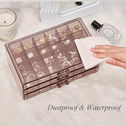 YUFONG Earring Storage Box Organizer 3 Drawers Acrylic Jewelry Storage Box Holder Transparent Jewelry Display Stand with 72 Small Compartments Gift for Women Girls (Clear Purple Brown)