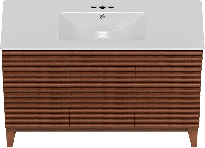 ROOMTEC 48" Bathroom Vanity with Sink, Mid-Century Freestanding Bathroom Vanity Sink with Storage, Undermount Ceramic Sink, Cabinet Particleboard Frame with Wood Grain Laminate, Walnut