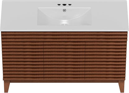 ROOMTEC 48" Bathroom Vanity with Sink, Mid-Century Freestanding Bathroom Vanity Sink with Storage, Undermount Ceramic Sink, Cabinet Particleboard Frame with Wood Grain Laminate, Walnut