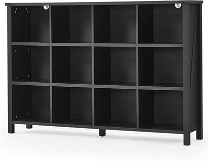 12 Cube Storage Organizer, Farmhouse 62 Inch Wide Black Oak Display Bookshelf, Wooden 3 Tier Large Open Book Shelf, Vintage Bookcase for Home Office, Cubby Cabinet for Living Room, Office