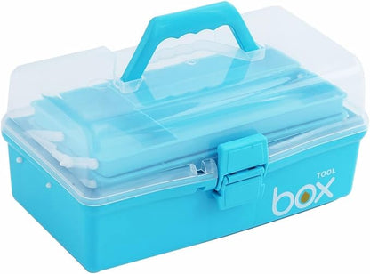 Kinsorcai 12'' Three-Layer Clear Art Box Organizer, Multipurpose Plastic Craft Box with Handle (Blue)