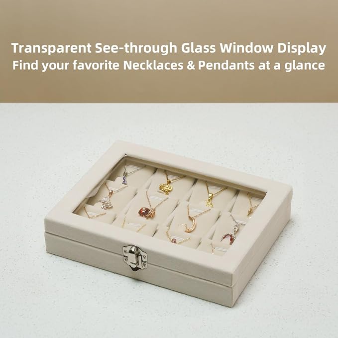 Jewelry Box Necklace Organizer Tray, Beige Necklace Display Case for Storage Jewelry Small Necklaces Display Stand 12 Slot Pendant Holder for Women