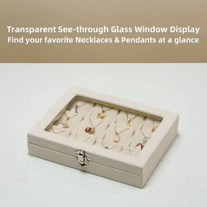 Jewelry Box Necklace Organizer Tray, Beige Necklace Display Case for Storage Jewelry Small Necklaces Display Stand 12 Slot Pendant Holder for Women