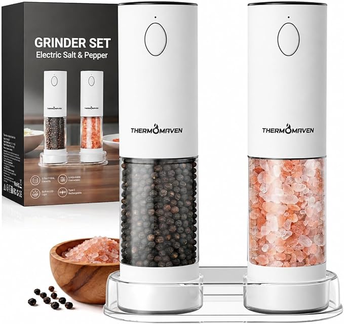 ThermoMaven Electric Salt and Pepper Grinder Set, 110ml Larger Rechargeable Automatic Salt and Pepper Mill Grinder with 6 Adjustable Coarseness, Electric Salt and Pepper Shakers, LED, Snow White