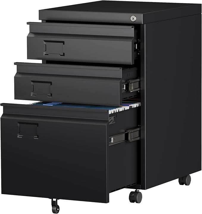 SUXXAN 3 Drawer Under Desk Mobile File Cabinet with Lock, Metal Storage Cabinet for Office & Home, Legal/Letter Size, Fully Assembled Except Wheels, Black