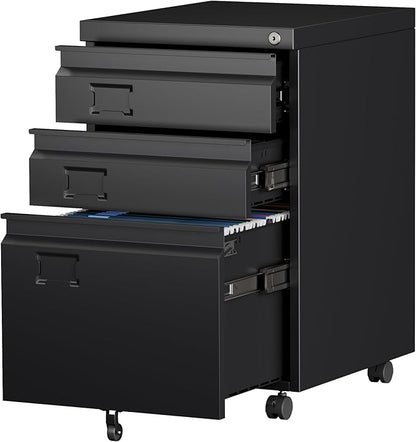 SUXXAN 3 Drawer Under Desk Mobile File Cabinet with Lock, Metal Storage Cabinet for Office & Home, Legal/Letter Size, Fully Assembled Except Wheels, Black