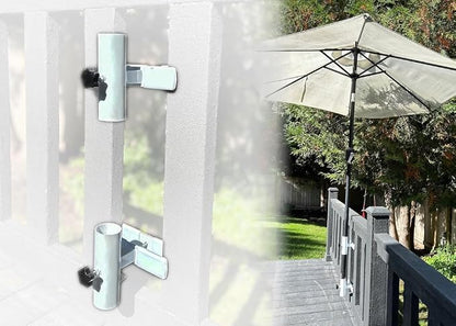 | Patio Umbrella Holder | 2 Piece Design | Outdoor Umbrella Base and Mount | Attaches to Railing Maximizing Patio Space and Shade
