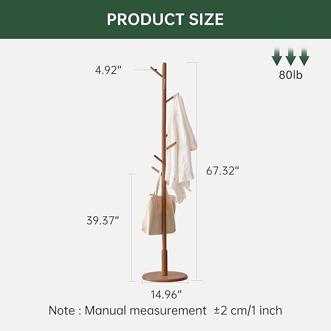 Solid Wood Coat Rack, Freestanding Coat Rack for Entryway, Hallway, Home Office, Living Room, Bedroom, 15" x 15" x 67.3", Beech Wood, Walnut
