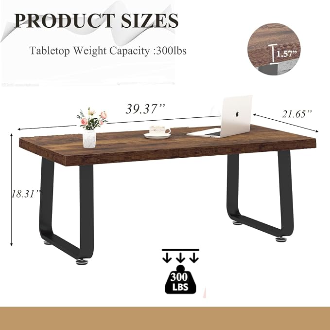 HSH Rustic Coffee Table, Industrial Wood and Metal Center Table, Farmhouse Minimalist Oak Coffee Table for Living Room, Modern Rectangular Wooden Tea&Coffee Table for Bedroom Home, Rustic Brown, 39 In