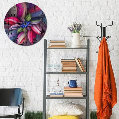Colorful Flowers Wall Clock 10 Inch Wooden Battery Operated Autumn Forest Maple Leaves Wall Clocks Decorative Indoor,Decorative for Kitchen Bathroom Bedroom