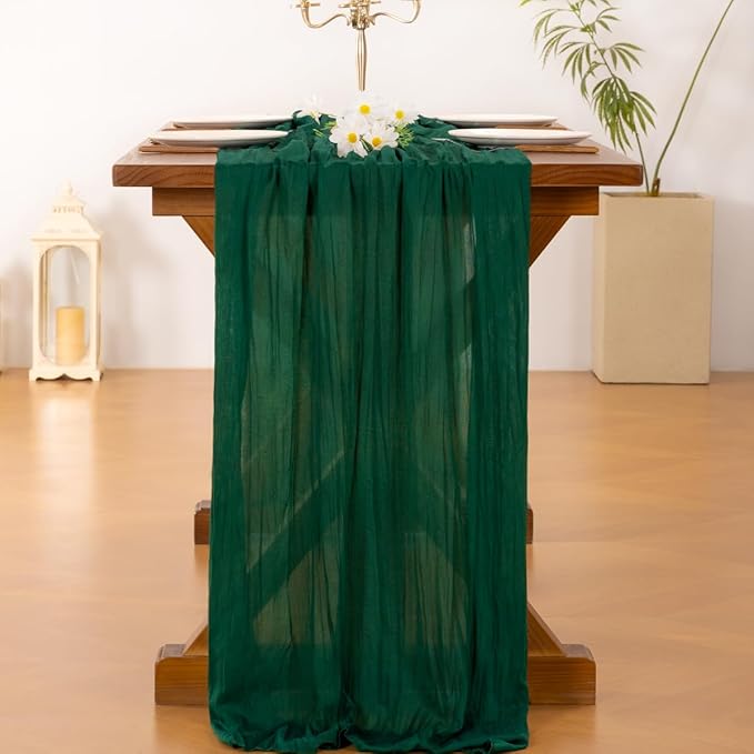 Socomi Emerald Green Cheesecloth Table Runner Valentine's Day Boho Rustic Gauze 120 inch 10FT Cheese Cloth Runner for Wedding Party Baby Shower Birthday Home Decor Holiday Decorations