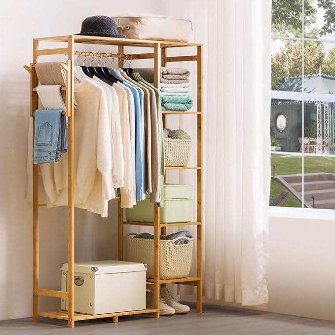 Ufine Bamboo Garment Rack 6 Tier Storage Shelves Clothes Hanging Stand with Side Hooks, Heavy Duty Clothing Rack Portable Wardrobe Closet Organizer