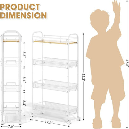 TOOLF 4-Tier Slim Rolling Cart, Metal Utility Cart, Slide Out Storage Cart with Wooden Tabletop and Mesh Baskets for Narrow Space on Kitchen Bathroom Laundry Room Bedroom Apartments Dormitory