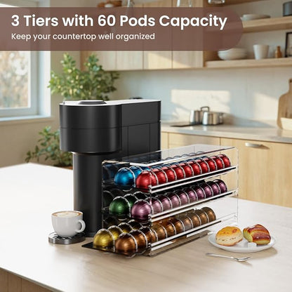 Acrylic Coffee Pod Drawer for Nespresso Vertuo Capsules, 3 Tier 60 Capacity Pods Organizer for Countertop Coffee Bar Home Office Kitchen