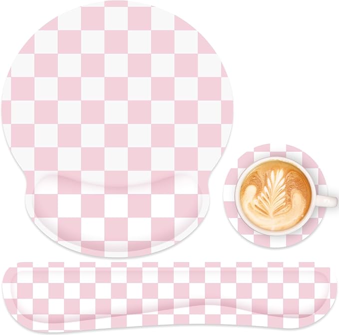 Ergonomic Mouse Pad with Wrist Rest and Keyboard Wrist Rest, Mousepad and Wrist Rest for Computer Keyboard, Pain Relief, Non-Slip Base, Mouse Pad with Wrist Support for Gaming, Office, Pink Checkered