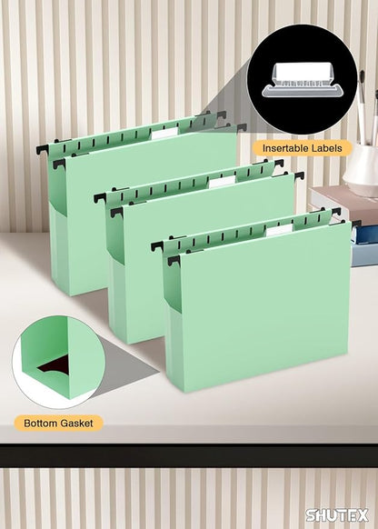 Extra Capacity Plastic Hanging File Folders, Hanging Folders, 12 Pack Reinforced Heavy Duty 2 Inch Expansion, Filing Cabinet Folders Letter Size for Bulk Files/Medical Charts(Sage Green)