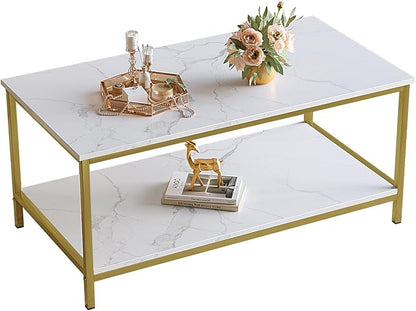 SAYGOER Coffee Table with Storage 2-Tier Industrial Center Table for Living Room, Rectangle Wood Table for Small Spaces Apartment Home Office, White Gold, Two-Tier(39.4x19.7x17.7)