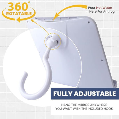 Real Glass Hanging Shower Mirror for Distortion-Free Shaving - Fogless Mirror with Razor Holder, 360° Adjustable Hook - Fill Back Reservoir with Hot Water for Anti-Fog Shave (8" x 7", White)