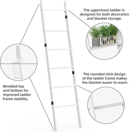 BAMBANG 6-Tier Blanket Ladder for Living Room, Blanket Quilt Ladder Rack Rustic Decorative Towel Holder, Wall Leaning Blanket Ladder Shelf Storage Farmhouse Decor for Bedroom Bathroom, White