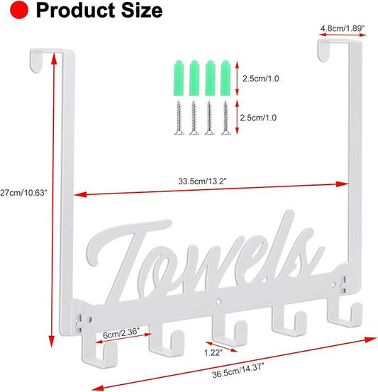 Azmoncy Over The Door Hooks, Towel Rack for Bathroom & Bedroom, Heavy Duty Over Door Towel Hanger with 5 Coat Hooks, White