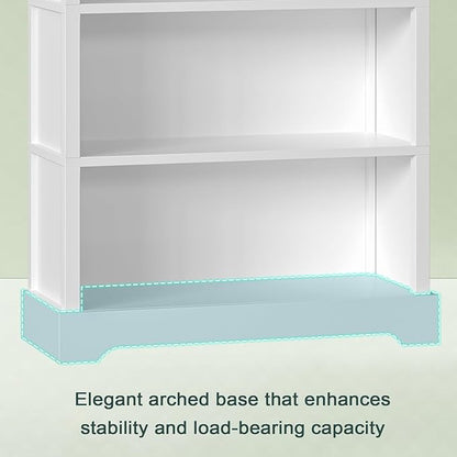 TVU 5-Tier Wooden Book shelf, 65"H × 31.5"W × 9.9“D Bookshelf with Storage, Floor-Standing Display Bookcase, Farmhouse Style Bookshelf with Arched Base, Suitable for Living Room, Study, Office, White