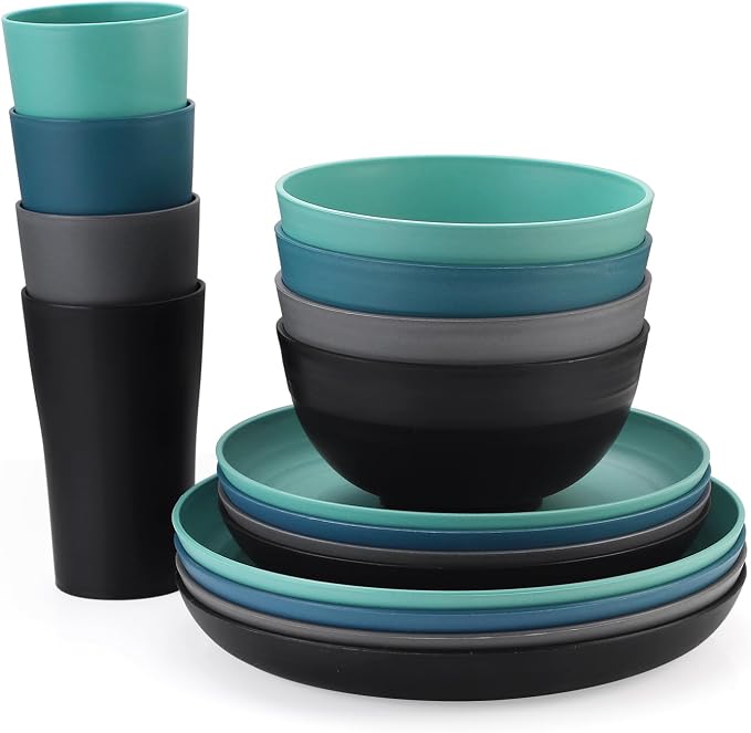 Wheat Straw Dinnerware Sets, 16pcs Dishes Dinnerware Sets Microwave and Dishwasher Safe, Lightweight Unbreakable Dish Set, Reusable Dinner Plates Kids Plates & Bowls Sets & Cups (Multicolor)
