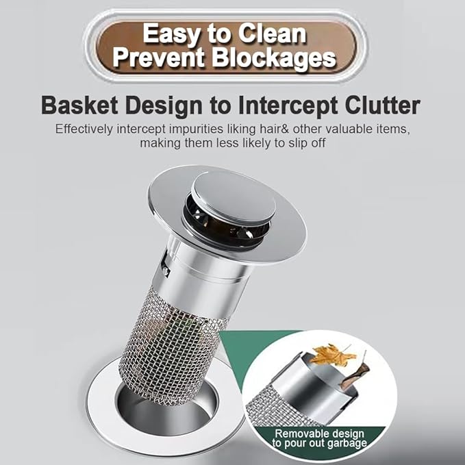 2Pack Bathroom Sink Drain Strainer, Pop Up Sink Drain Filter with Removable Stainless Steel Filter Basket Hair Catcher, for Us Bathroom Sink Stopper Replacement, Bathtubs, Showers & Floor Drains