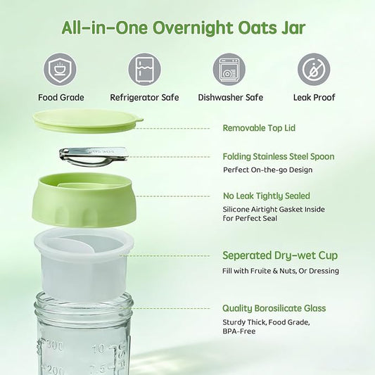 Overnight Oats Containers with Lids & Spoon 4 Pack 16oz, Leak-Proof Glass Over night Oat Jars with Divided Compartments for Fruit & Nuts, Meal Prep Mason Jars for Oatmeal Yogurt Chia Seed Pudding