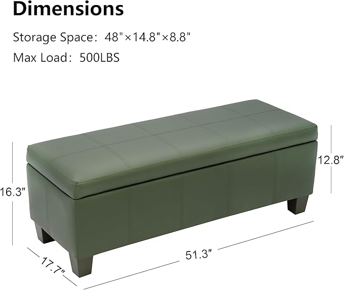 51 Inch Storage Ottoman, Storage Bench with Safety Hinge, Upholstered Synthetic Leather Ottoman Bench for Bedroom, Living Room, Entryway, Hallway, Foot Rest, Support 500lbs