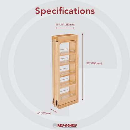 Rev-A-Shelf 6"W x 33"H Pull Out Quad Shelf Organizer for Wall & Base Kitchen Cabinets, Full Extension Filler Spice Rack, Adjustable, Wood, 432-WF33-6C