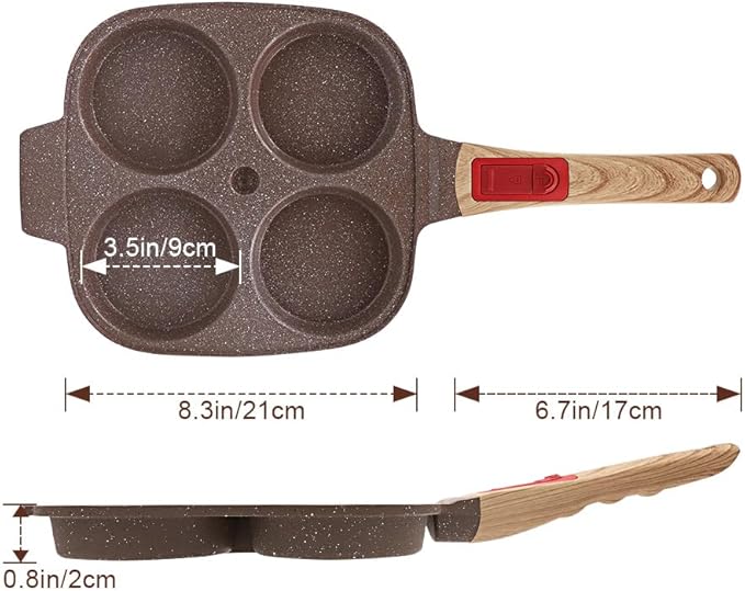 Ceramic Egg Frying Pan, Nonstick 4 Cup Fried Egg Pan with Detachable Handle, Omelette Pan Induction Compatible - Brown