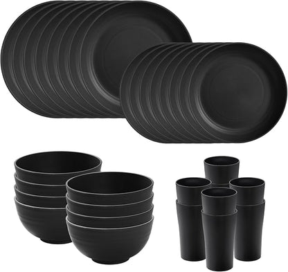 32-Piece Kitchen Plastic Wheat Straw Dinnerware Sets, Service for 8, Unbreakable Modern Dish Set - Dinner Plate/Dessert Plates/Cereal Bowl/Cup, for Apartment Essentials, Outdoor Camping,Black