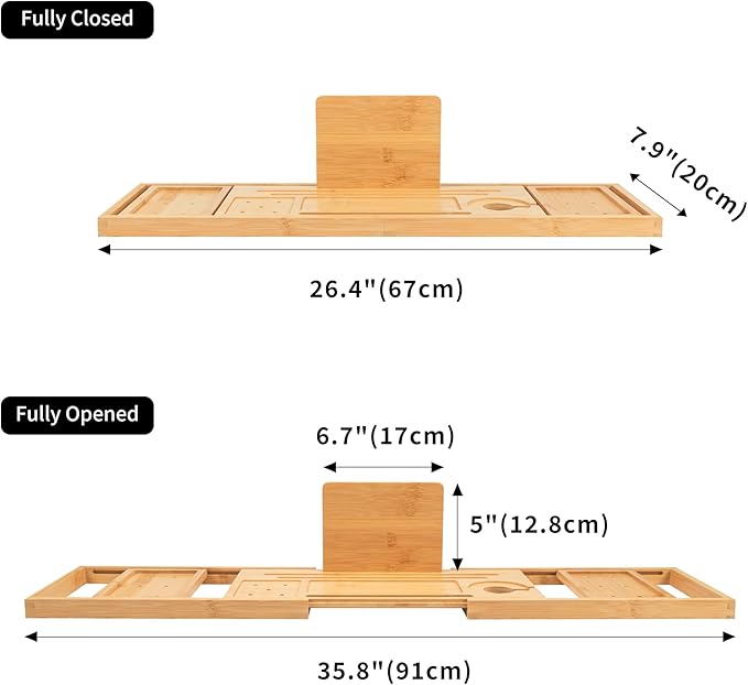 Utoplike Bamboo Bathtub Tray Caddy for Tub, Adjustable Bath Tray Bathroom Organizer with Book Tablet Wine Glass Cup and 2 Sliding Towel Holder