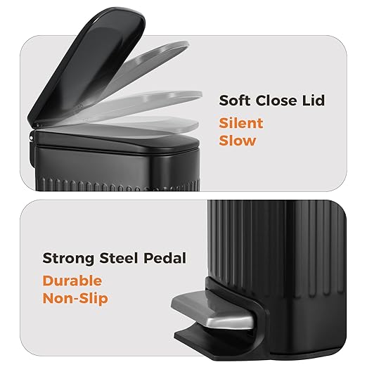 TrashAid Small Black Bathroom Trash Can with Lid Soft Close, 6 Liter / 1.6 Gallon, Stainless Steel Garbage Can with Removable Inner Bucket, Step Pedal, Slim Wastebasket for Toilet, Office, Bedroom