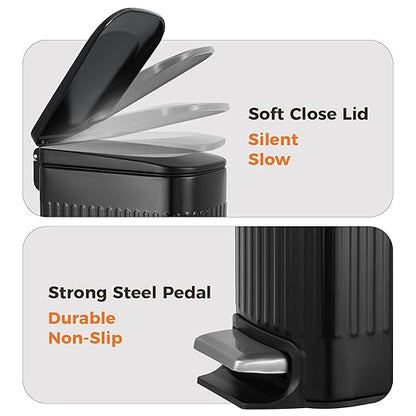 TrashAid Small Black Bathroom Trash Can with Lid Soft Close, 6 Liter / 1.6 Gallon, Stainless Steel Garbage Can with Removable Inner Bucket, Step Pedal, Slim Wastebasket for Toilet, Office, Bedroom